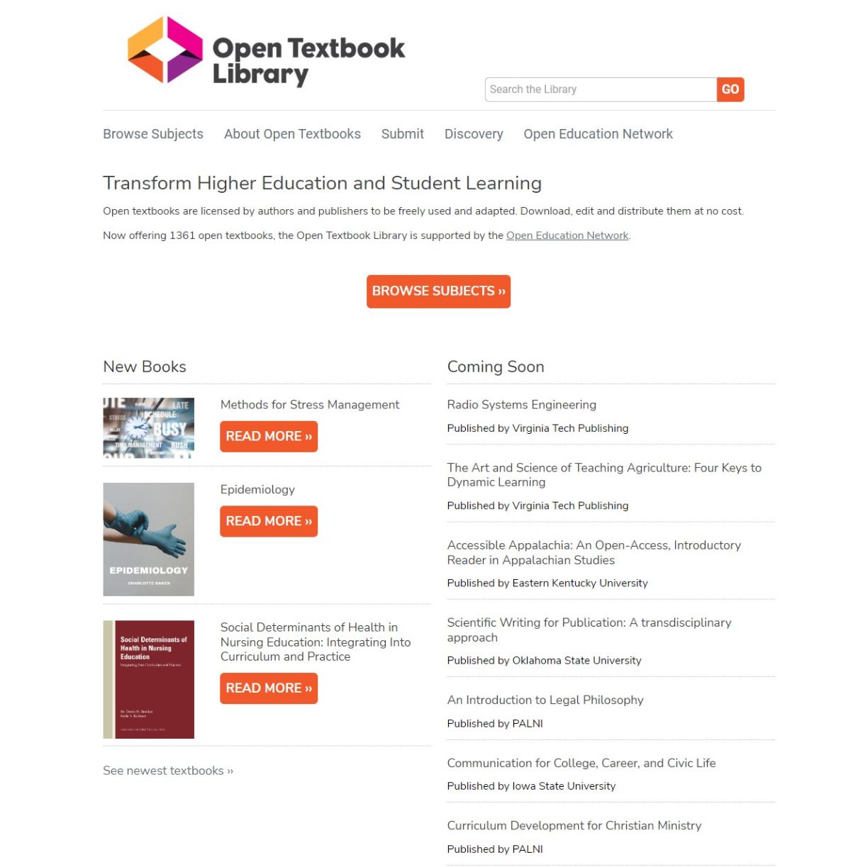 Open Textbook Library website screenshot.