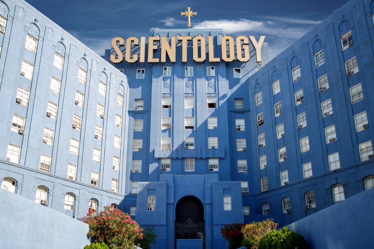 A blue Scientology church.