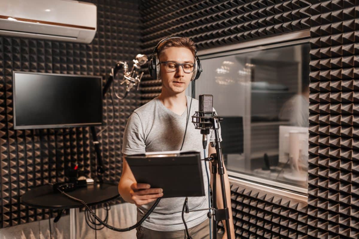 A voice actor in a studio.