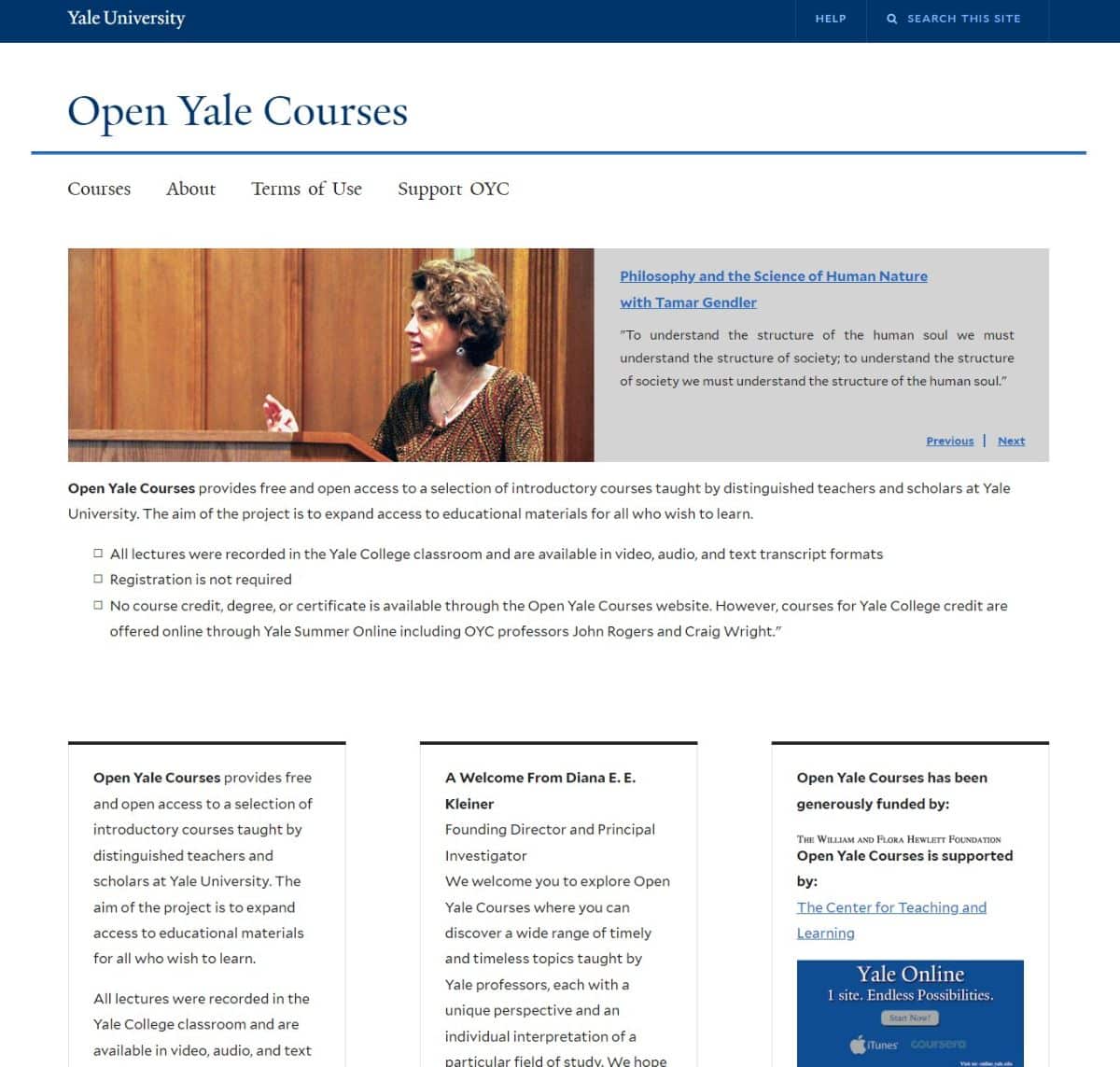 Open Yale Courses website screenshot.